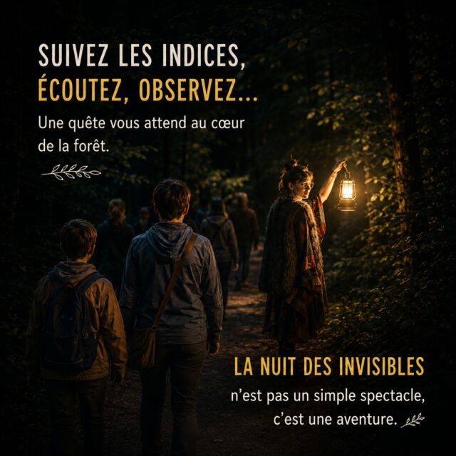🌙 Et si, pour une fois, vous laissiez la nuit vous guider ?

Suivez les indices. Écoutez les murmures de la forêt. Observez ce qui se cache dans l'obscurité…

À la Nuit des Invisibles, chaque sentier devient le début d'une histoire. Au fil de votre parcours, des personnages mystérieux vous entraînent dans une quête où il faudra ouvrir les yeux, tendre l'oreille… et parfois faire confiance à votre intuition.

Ce n'est pas un spectacle que l'on regarde confortablement assis.

C'est une aventure que l'on vit, pas à pas, au cœur de la forêt.

📅 Les 21 & 22 août 2026
🌲 Deux soirées seulement.
🎟 Les places sont limitées, pensez à réserver dès maintenant.