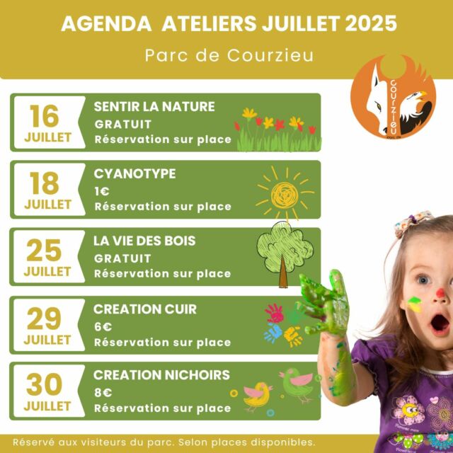 Quel beau mois de juillet en perspective ! 

En plus du programme des rencontre animalières, tout l’été, le parc et ses partenaires proposent des ateliers pour découvrir la nature en s’amusant. 

Ces ateliers sont d’une durée de 30 minutes, ils s’intègrent parfaitement dans le programme de votre journée. L’inscription se fait sur place à votre arrivée. 

Votre programme du mois de juillet : 

  16/07 – Atelier sentir la nature : Fermez les yeux et laissez-vous emporter par la découverte des odeurs de la forêt. 

  18/07 – Atelier cyanotype : Découvrez en famille une technique ancienne d’impression végétale au soleil. 

  25/07 – Atelier La vie des bois :  on vous emporte à la découverte des écosystèmes forestiers et de toutes les interactions invisibles qui font vivre la nature. 

  29/07 – Atelier cuir : Découverte des outils en cuir dans la fauconnerie. Initiation au travail du cuir et création de votre porte clef personnalisé. 

  30/07 – Atelier nichoir : Après avoir assemblé votre nichoir, il faudra le décorer!

Tous ces ateliers sont réservés aux visiteurs du parc. Les inscriptions se font sur place.