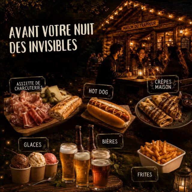 Vous venez à la NUIT DES INVISIBLES?

🌙 Et si votre Nuit des Invisibles commençait dès 19h ?

Avant de partir en quête de l’Arbre, prenez le temps de profiter de votre début de soirée au Parc !

Dès 19h, la Maison du Trappeur vous accueille pour boire un verre, prendre l’apéritif ou même dîner tranquillement en famille ou entre amis. 🍻

Au menu selon vos envies : assiette de charcuterie et fromage à partager, hot-dogs, frites, crêpes maison, glaces… De quoi se faire plaisir avant que la nuit ne tombe.

Imaginez… un verre à la main, quelques bonnes choses à partager, la douceur d’une soirée d’été, la forêt et les loups autour de vous. Puis, peu à peu, le jour décline et l’heure de rejoindre les Invisibles approche… ✨

🕖 Maison du Trappeur ouverte dès 19h
🌙 Départ de La Nuit des Invisibles à 20h30

🥓 Pour notre assiette de charcuterie à partager, pensez à réserver : les quantités sont limitées.

Venez plus tôt. Installez-vous. Profitez. Et laissez doucement la soirée vous emmener vers l’aventure…

#NuitDesInvisibles #ParcDeCourzieu #MontsDuLyonnais #SortieEnFamille #SoiréeDété
