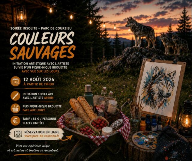 Et si, cette fois, vous preniez le temps ?

Le temps de rencontrer un artiste.
Le temps de créer.
Le temps de partager.

Le 12 août, le Parc de Courzieu vous invite à vivre Couleurs Sauvages, une soirée intimiste imaginée avec ArtHM, l'artiste qui a réalisé notre célèbre tête de loup.

Au programme : une initiation artistique accessible à tous, des échanges privilégiés avec l'artiste, puis un pique-nique brouette face aux loups européens, dans la lumière du soleil couchant.

Une parenthèse où l'art, la nature et les rencontres prennent tout leur sens.

📅 12 août 2026
🕖 À partir de 19h00
🎨 Places limitées
🎟️ Réservation en ligne sur notre site internet

#ParcDeCourzieu #CouleursSauvages #ArtHM #ArtEtNature #StreetArt #Loups #MontsDuLyonnais #Expérience #SortieLyon #SoiréeInsolite